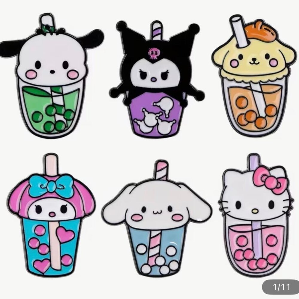 NEW - Pin SET, Boba, Hello Kitty Kuromi Cinnamoroll Pompompurin Melody 6PCS